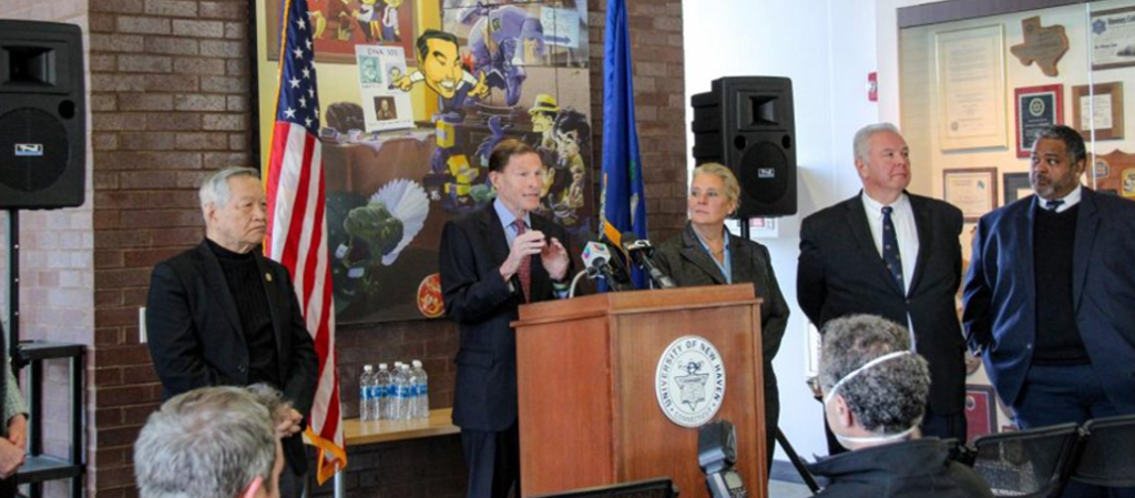 Sen. Blumenthal addresses the crowd at UNH, West Haven, March 21st, 2023.